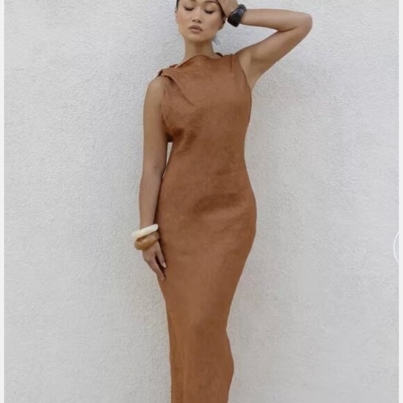 ZARA  WOMAN SS24 PLEATED 100% LINEN DRESS ZW COLLECTION COGNAC - Picture 5 of 6